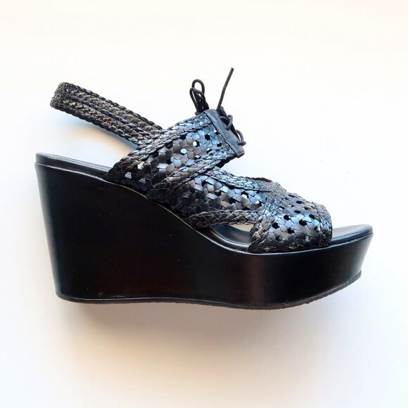 Stephane Kelian Black Leather Platform Wedge Heel Lace Up Sandals / Summer Shoes - Picture 9 of 16